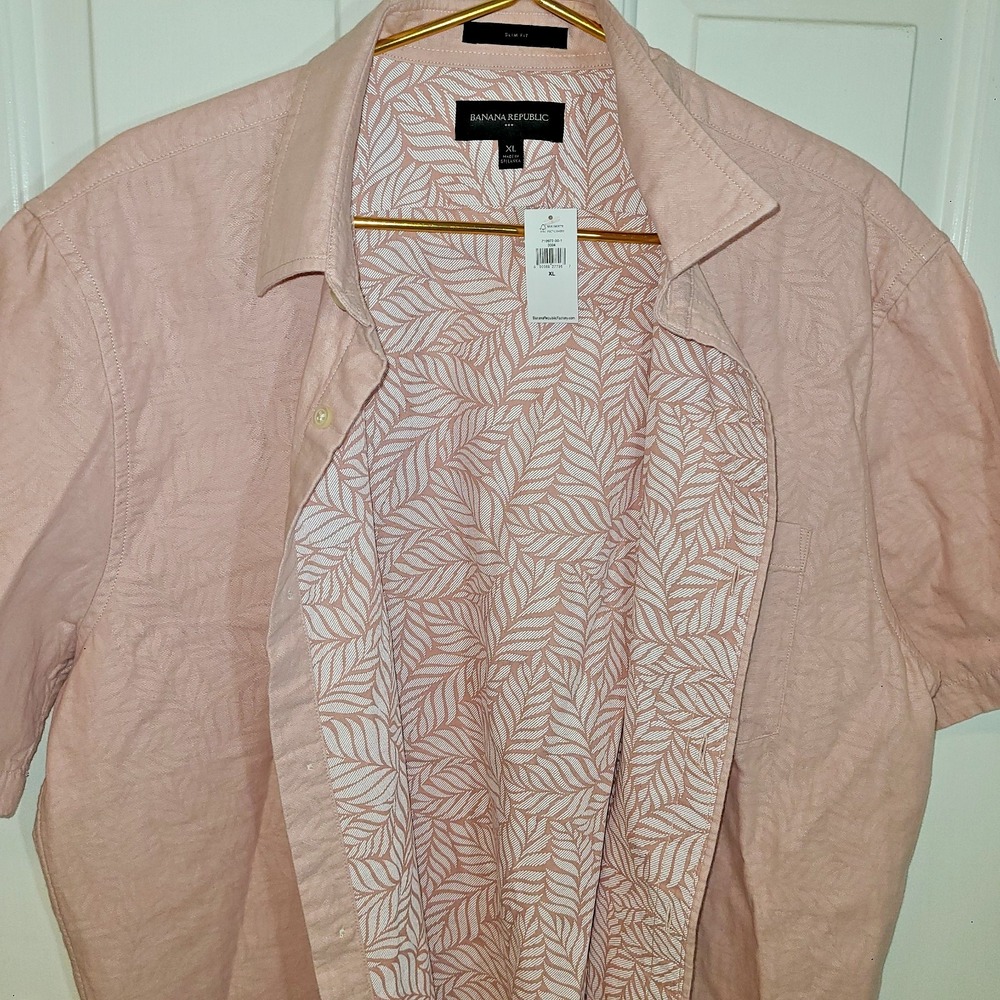 NWT Banana Republic Linen Slim Fit Shirt Mens XL Button Up Pink with Contrast